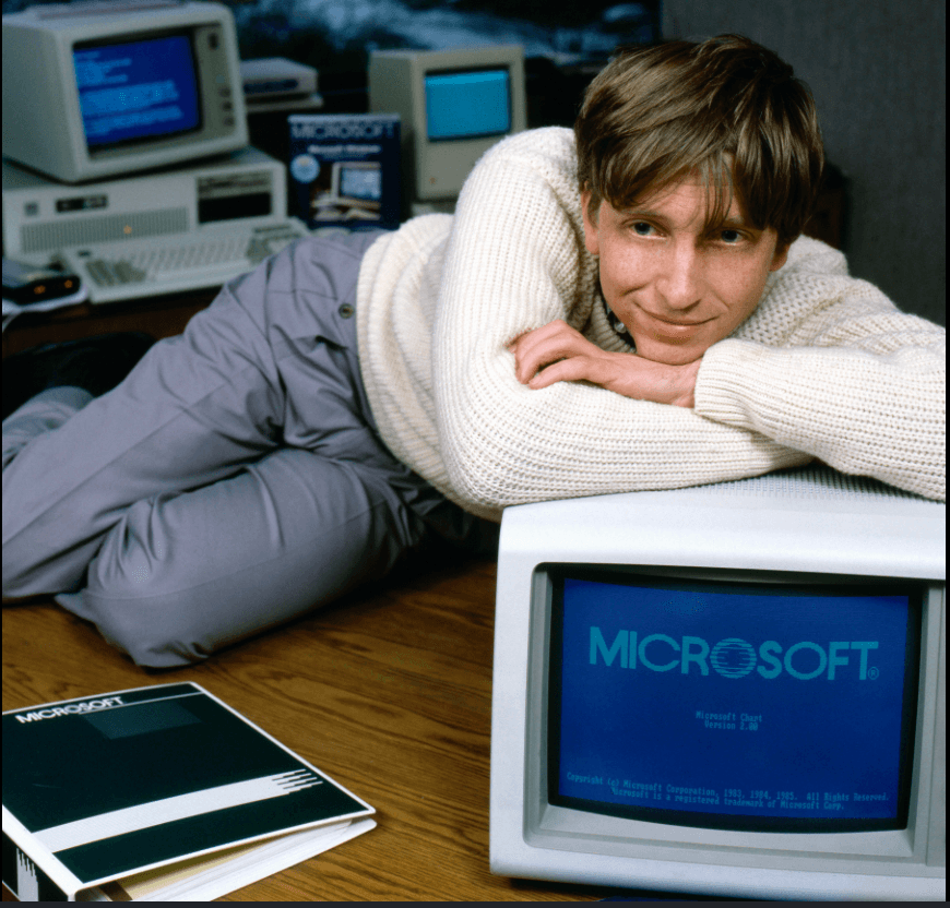 A young Bill Gates surrounded by early Microsoft computers